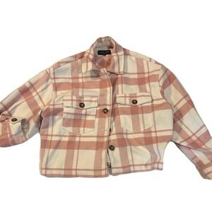 Cropped Plaid Shacket Pink & Ivory Flannel Fall Layering Oversized Boxy Small
